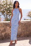 Blue Halter Neck Bodycon Appliqued Maxi Floral Embroidery Dress with Slit