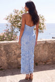 Blue Halter Neck Bodycon Appliqued Maxi Floral Embroidery Dress with Slit