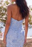 Blue Halter Neck Bodycon Appliqued Maxi Floral Embroidery Dress with Slit