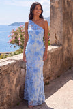 Blue One Shoulder Mermaid Appliqued Floral Embroidery Maxi Dress with Slit