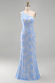 Blue One Shoulder Mermaid Appliqued Floral Embroidery Maxi Dress with Slit