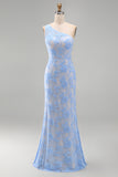 Blue One Shoulder Mermaid Appliqued Floral Embroidery Maxi Dress with Slit