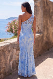 Blue One Shoulder Mermaid Appliqued Floral Embroidery Maxi Dress with Slit