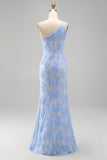 Blue One Shoulder Mermaid Appliqued Floral Embroidery Maxi Dress with Slit