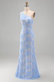 Blue One Shoulder Mermaid Appliqued Floral Embroidery Maxi Dress with Slit