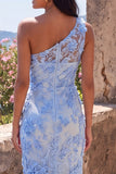 Blue One Shoulder Mermaid Appliqued Floral Embroidery Maxi Dress with Slit