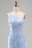 Blue One Shoulder Mermaid Appliqued Floral Embroidery Maxi Dress with Slit