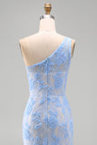 Blue One Shoulder Mermaid Appliqued Floral Embroidery Maxi Dress with Slit