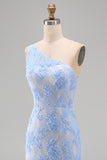Blue One Shoulder Mermaid Appliqued Floral Embroidery Maxi Dress with Slit