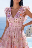 A-Line Pink V-Neck Embroidered Floral Midi Dress with Ruffles