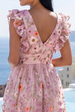 A-Line Pink V-Neck Embroidered Floral Midi Dress with Ruffles