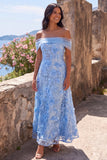 A-Line Blue Off the Shoulder Floral Maxi Dress with Appliques