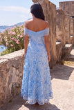 A-Line Blue Off the Shoulder Floral Maxi Dress with Appliques