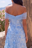 A-Line Blue Off the Shoulder Floral Maxi Dress with Appliques