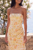 Yellow Strapless Ruched Bodycon Midi Floral Dress with Slit