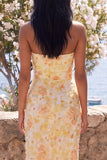 Yellow Strapless Ruched Bodycon Midi Floral Dress with Slit