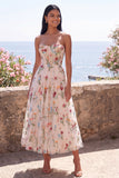 Ivory Sweetheart Tulle Corset A-Line Embroidered Midi Floral Dress