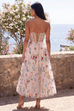 Ivory Sweetheart Tulle Corset A-Line Embroidered Midi Floral Dress
