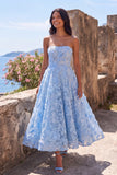 Blue Strapless A-Line Sheer Corset Appliqued Midi Floral Dress