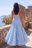 Blue Strapless A-Line Sheer Corset Appliqued Midi Floral Dress