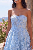 Blue Strapless A-Line Sheer Corset Appliqued Midi Floral Dress