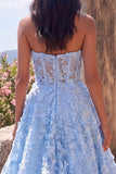 Blue Strapless A-Line Sheer Corset Appliqued Midi Floral Dress