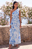 Blue Flower One Shoulder Mermaid Ruched Maxi Dress with Ruffles