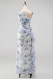 Blue Flower One Shoulder Mermaid Ruched Maxi Dress with Ruffles