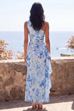 Blue Flower One Shoulder Mermaid Ruched Maxi Dress with Ruffles