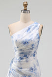 Blue Flower One Shoulder Mermaid Ruched Maxi Dress with Ruffles
