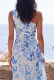 Blue Flower One Shoulder Mermaid Ruched Maxi Dress with Ruffles