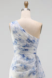 Blue Flower One Shoulder Mermaid Ruched Maxi Dress with Ruffles