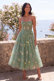 Sweetheart Dusty Sage A-Line Tulle Sheer Corset Embroidered Floral Midi Dress