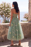 Sweetheart Dusty Sage A-Line Tulle Sheer Corset Embroidered Floral Midi Dress