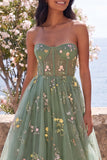 Sweetheart Dusty Sage A-Line Tulle Sheer Corset Embroidered Floral Midi Dress