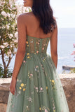 Sweetheart Dusty Sage A-Line Tulle Sheer Corset Embroidered Floral Midi Dress
