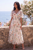 Ivory A-Line Tulle Corset V-Neck Embroidered Floral Midi Dress with Flutter Sleeves