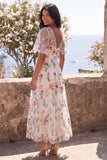 Ivory A-Line Tulle Corset V-Neck Embroidered Floral Midi Dress with Flutter Sleeves