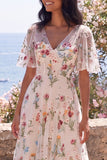 Ivory A-Line Tulle Corset V-Neck Embroidered Floral Midi Dress with Flutter Sleeves