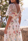 Ivory A-Line Tulle Corset V-Neck Embroidered Floral Midi Dress with Flutter Sleeves