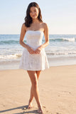 Strapless Ivory A Line Lace Mini Dress with Pearls