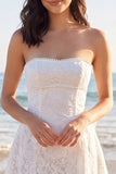 Strapless Ivory A Line Lace Mini Dress with Pearls