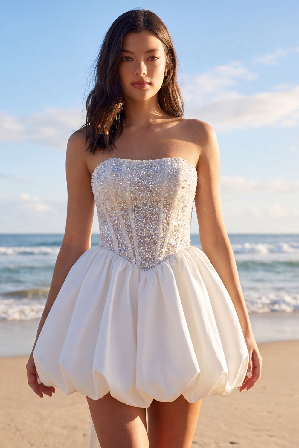 Zapaka Women Sparkly Strapless Beaded Little White Dress with Bow A Line Corset Mini Dress with Lace Up Back, Ivory / US22W Zapaka Women Sparkly Strapless Beaded Little White Dress with Bow A Line Corset Mini Dress with Lace Up Back, Ivory / US22W