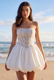 Sprakly Strapless Beaded A Line Corset Little White Dress with Bow