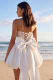 Sprakly Strapless Beaded A Line Corset Little White Dress with Bow