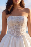 Sprakly Strapless Beaded A Line Corset Little White Dress with Bow
