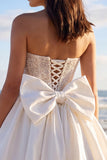Sprakly Strapless Beaded A Line Corset Little White Dress with Bow