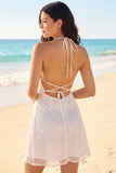 Halter A Line Ivory Beaded Mini Dress