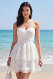 Sweetheart Floral A Line Tiered Little White Dress
