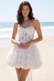 Ivory Sweetheart Appliqued Corset A Line Mini Dress with Bow